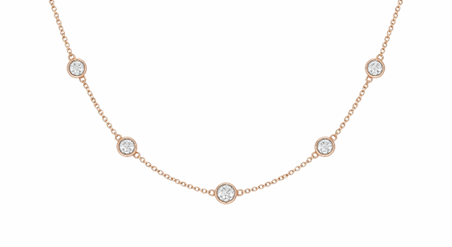 Five round brilliant diamonds in bezel settings on a rose gold station necklace